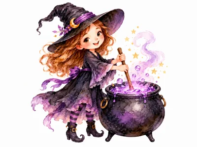 Cute Little Witch Stirring A Magical Cauldron