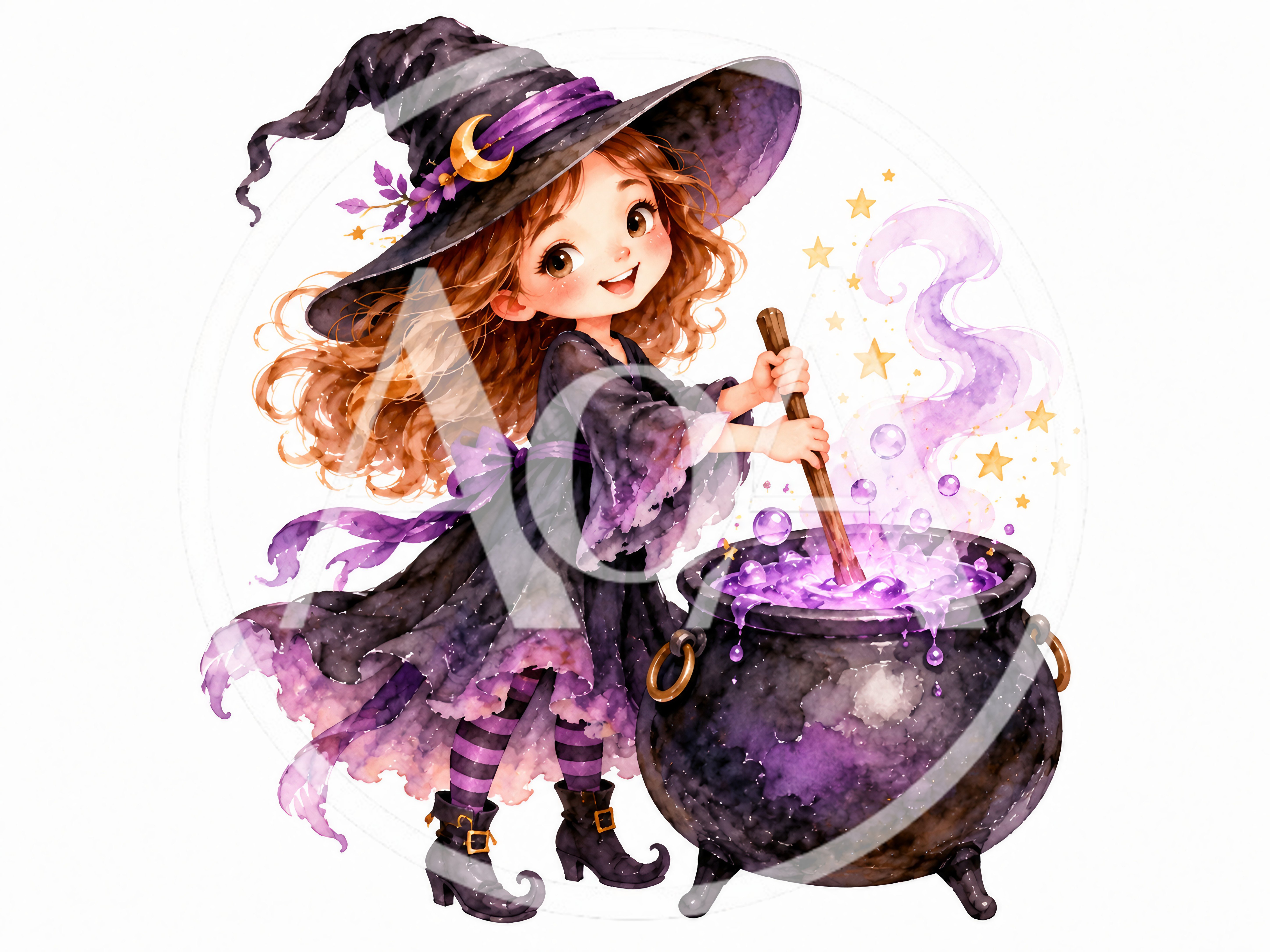 Cute Little Witch Stirring A Magical Cauldron