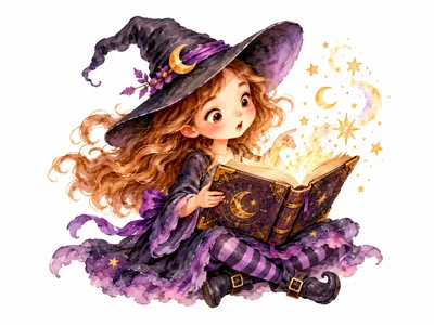 Cute Little Witch Reading A Magical Spellbook