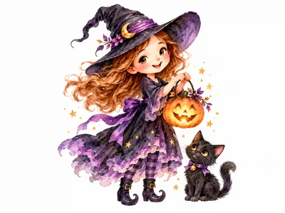 Cute Little Witch Holding A Jack O Lantern