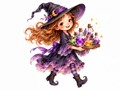Cute Little Witch Carrying A Tray Of Magic Potions