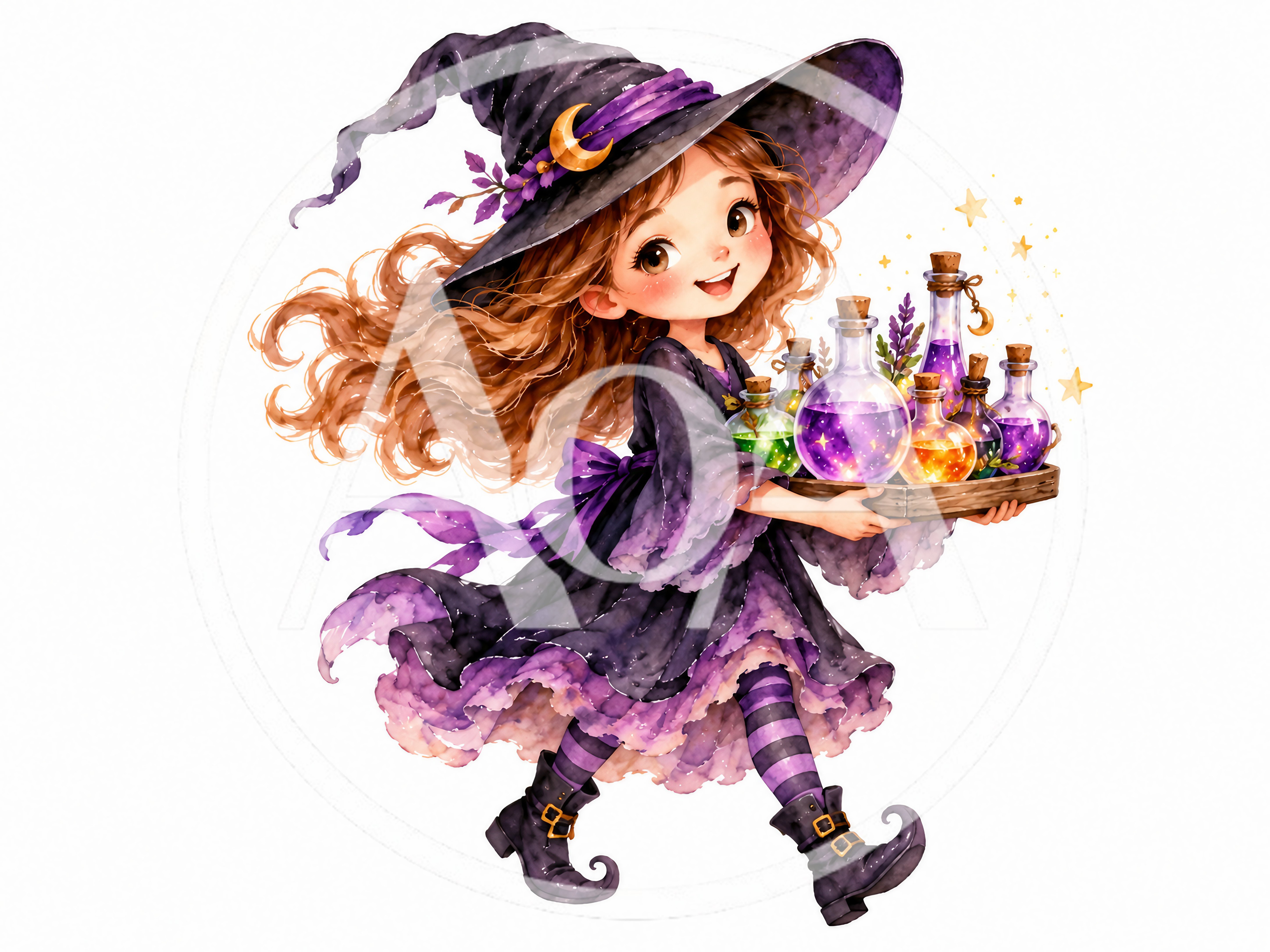 Cute Little Witch Carrying A Tray Of Magic Potions