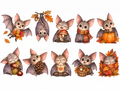 Cute Cartoon Bats Celebrating Autumn Season Collection