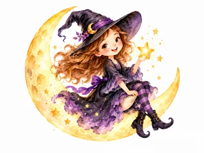 Cute Little Witch Sitting On A Crescent Moon