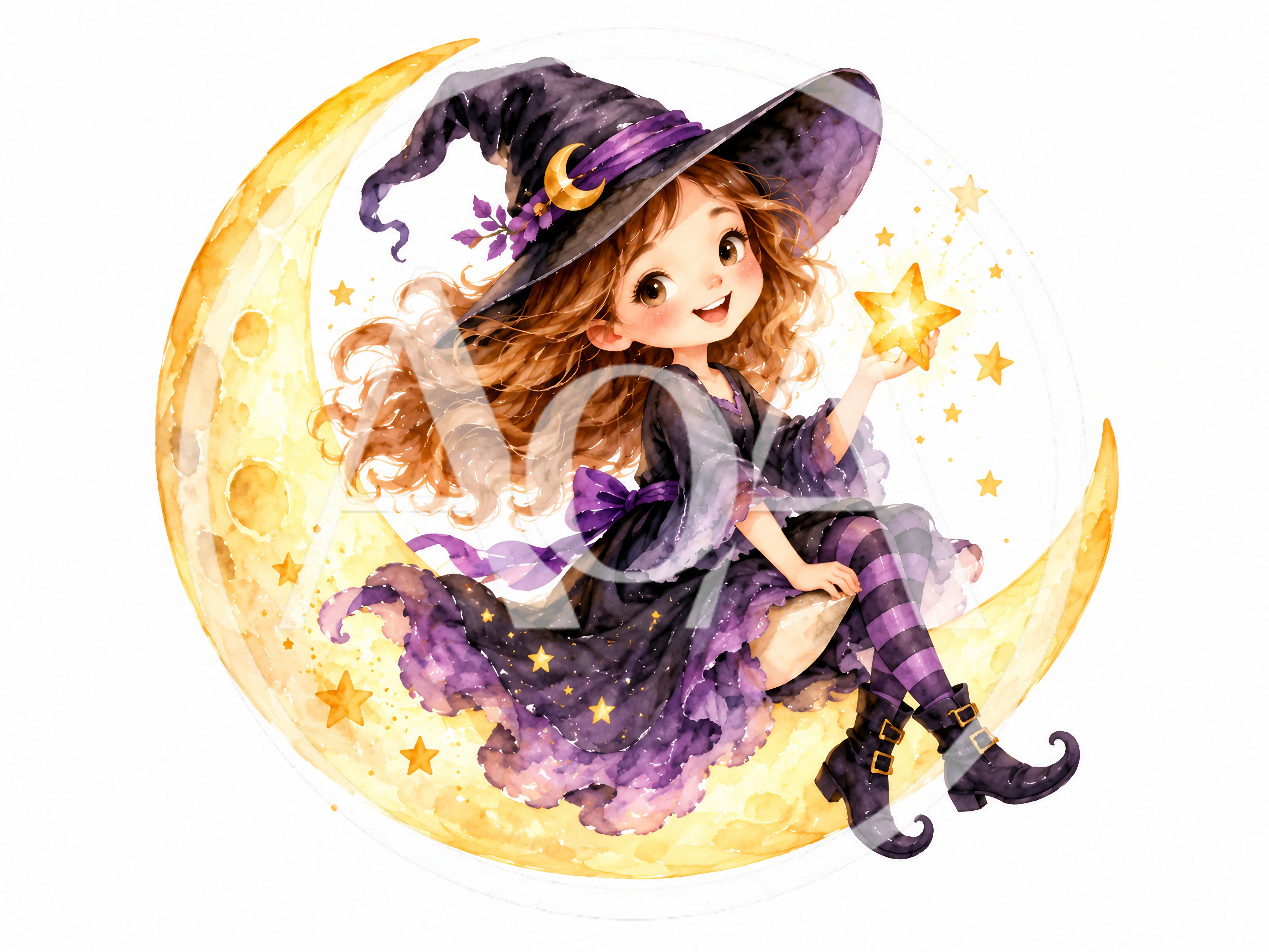 Cute Little Witch Sitting On A Crescent Moon