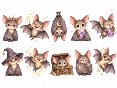 Cute Cartoon Bat Characters With Magical Accessories