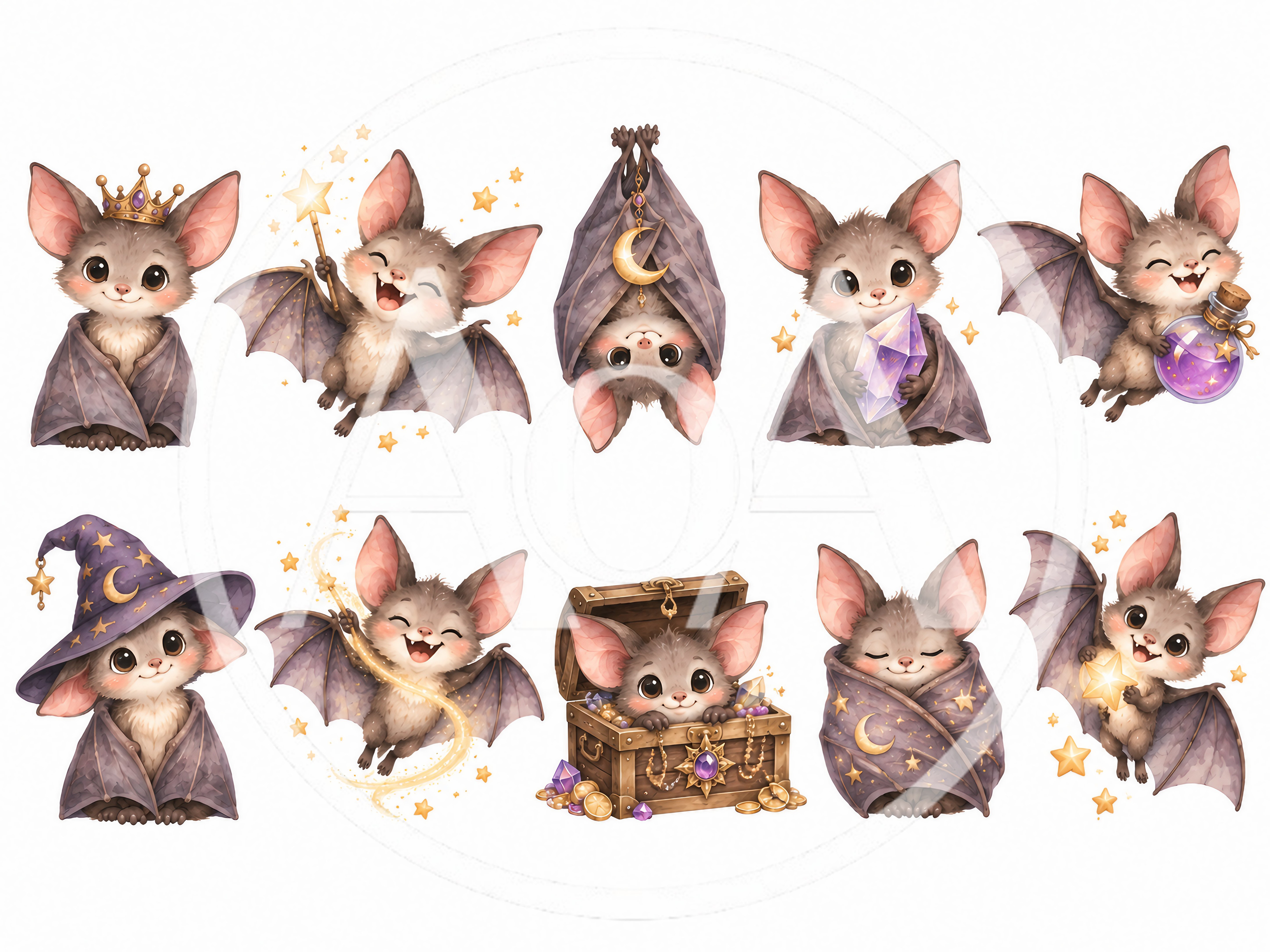 Cute Cartoon Bat Characters With Magical Accessories
