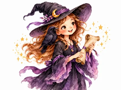 Cute Little Witch Holding A Scroll With A Raven