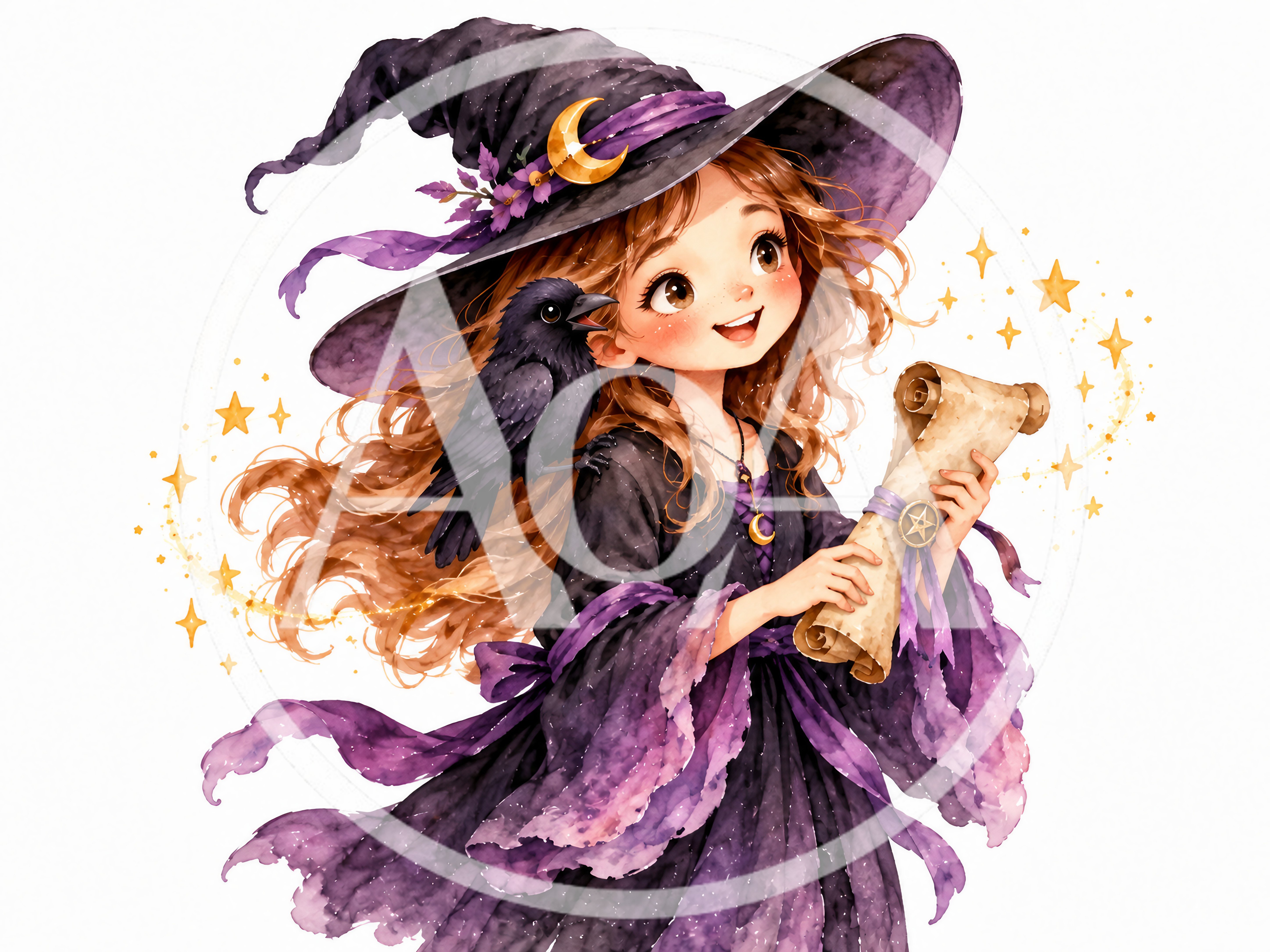 Cute Little Witch Holding A Scroll With A Raven