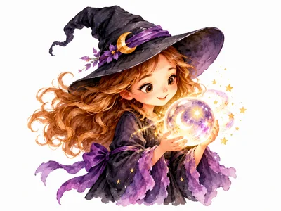 Cute Little Witch Holding A Glowing Crystal Ball