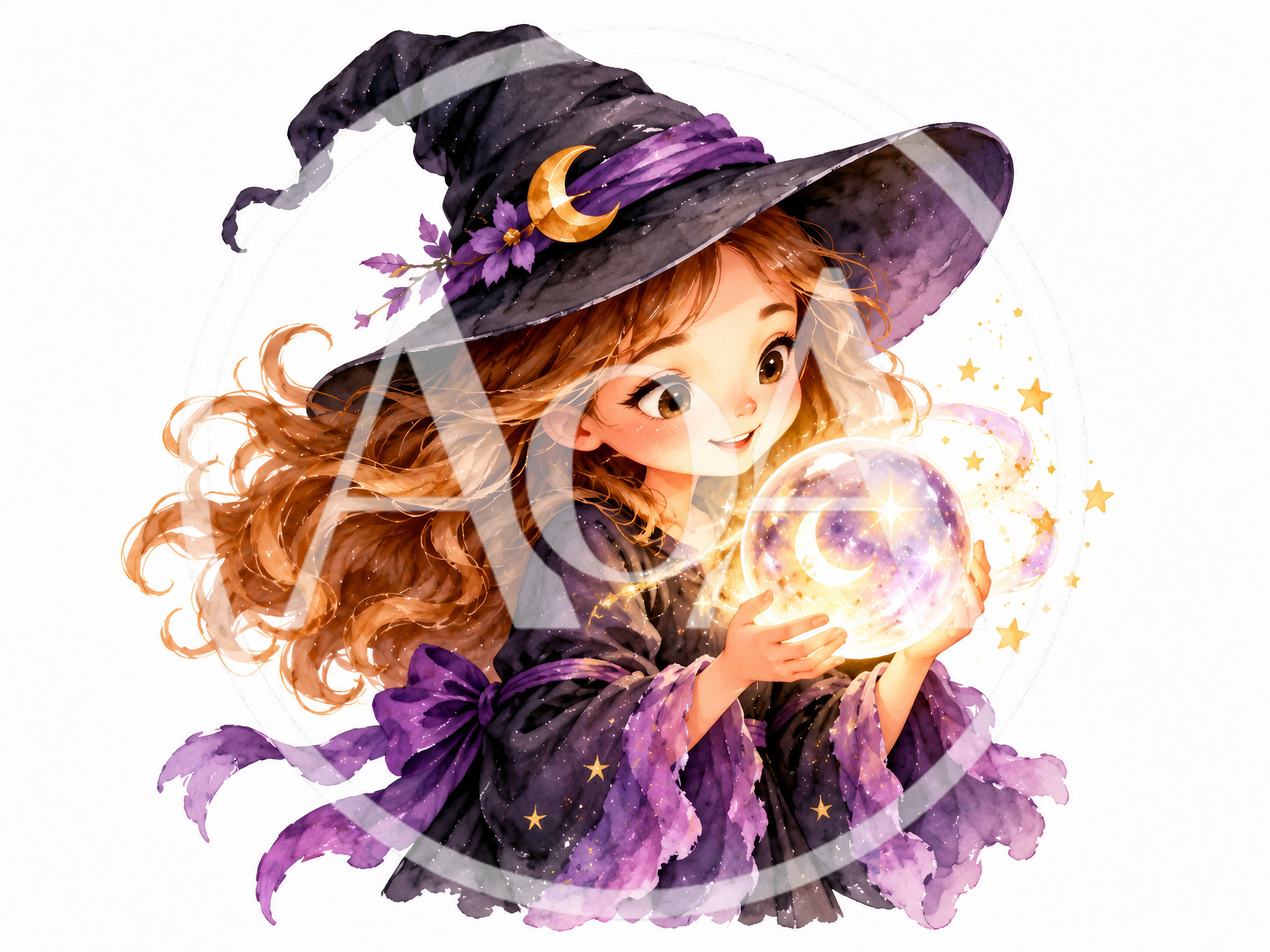 Cute Little Witch Holding A Glowing Crystal Ball