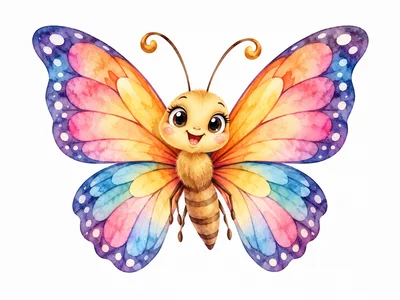 Cute Cartoon Butterfly With Colorful Watercolor Wings