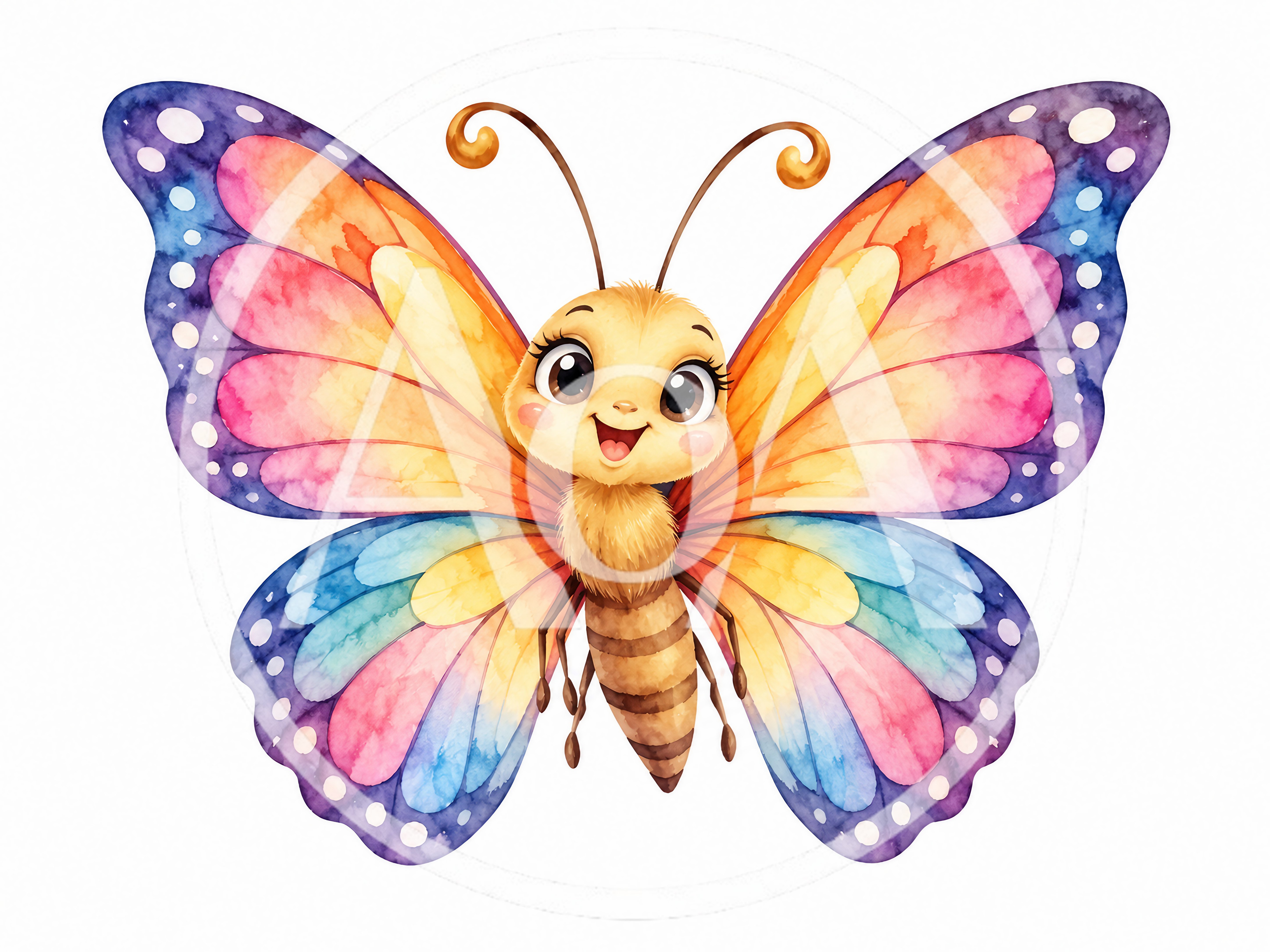 Cute Cartoon Butterfly With Colorful Watercolor Wings