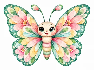 Cute Watercolor Butterfly Illustration With Floral Wings