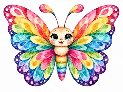 Cute Cartoon Butterfly With Rainbow Watercolor Wings