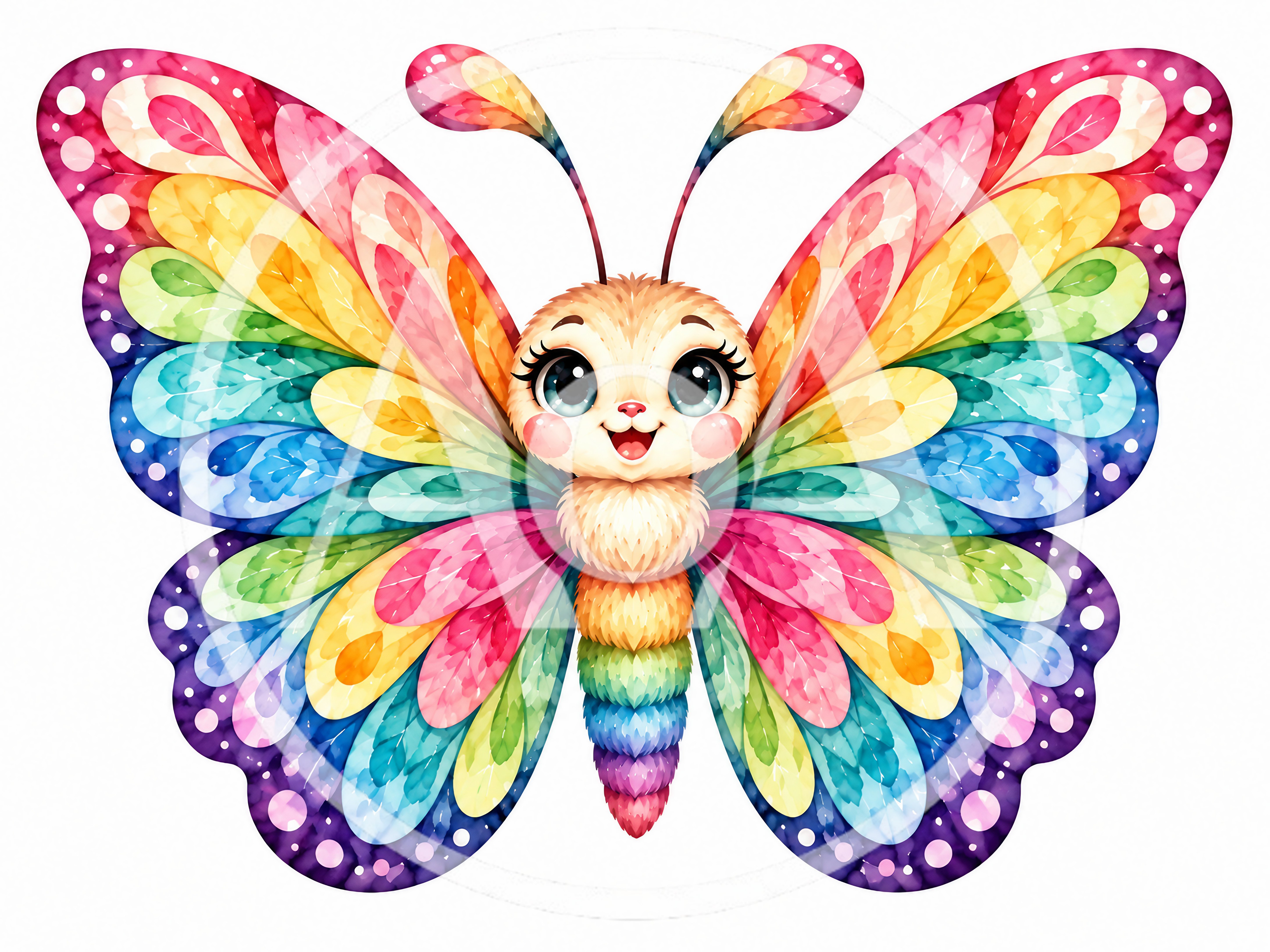 Cute Cartoon Butterfly With Rainbow Watercolor Wings