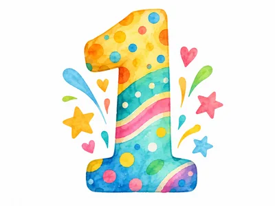 Watercolor Illustration Of Number One For First Birthday