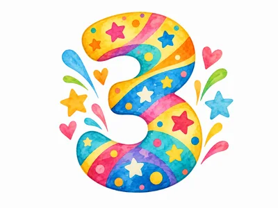 Watercolor Illustration Of The Number Three