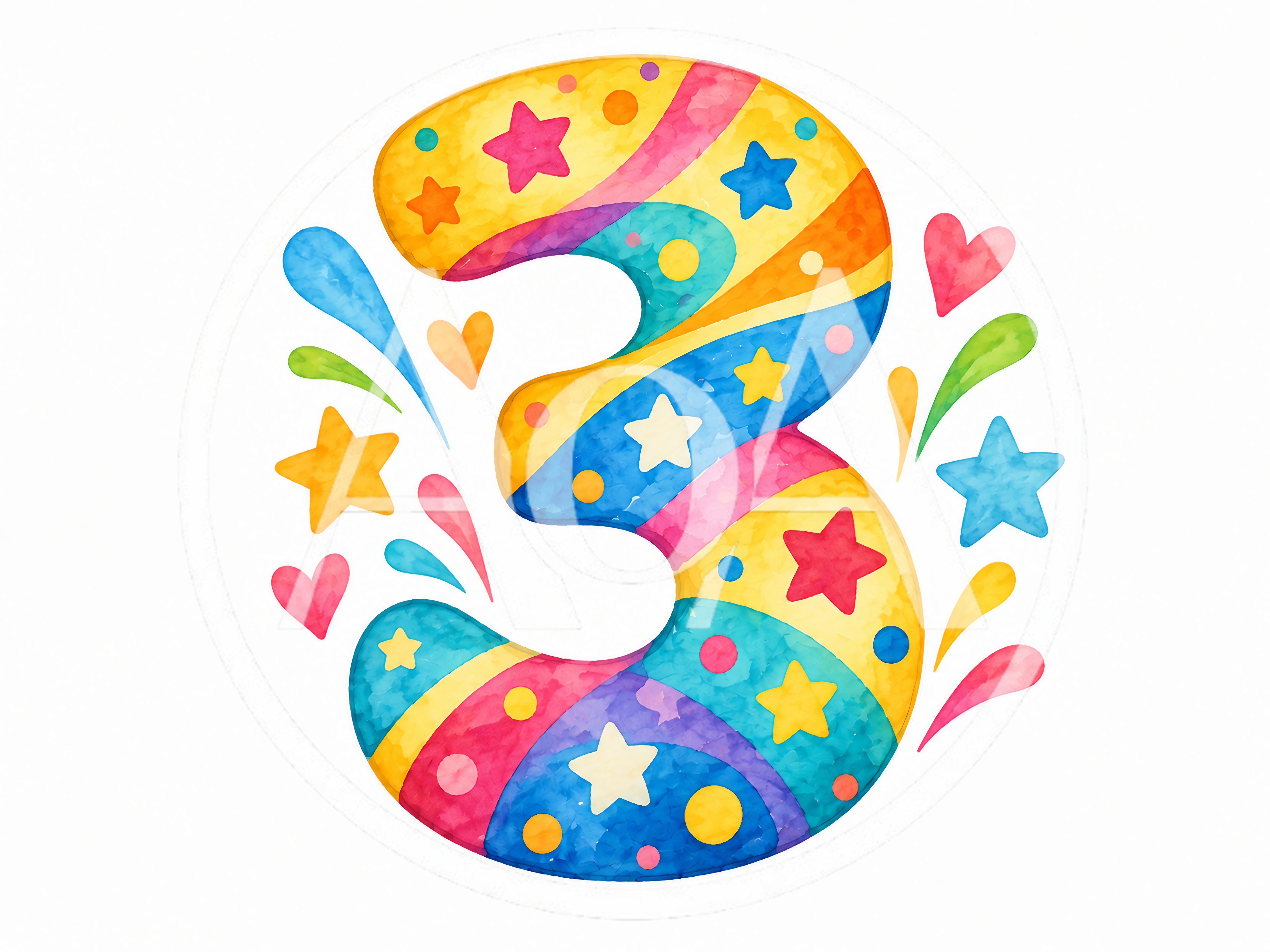 Watercolor Illustration Of The Number Three