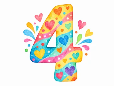 Watercolor Number Four With Hearts And Confetti