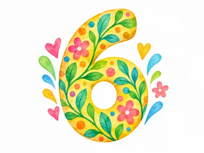 Watercolor Illustration of Number Six with Floral Decorations