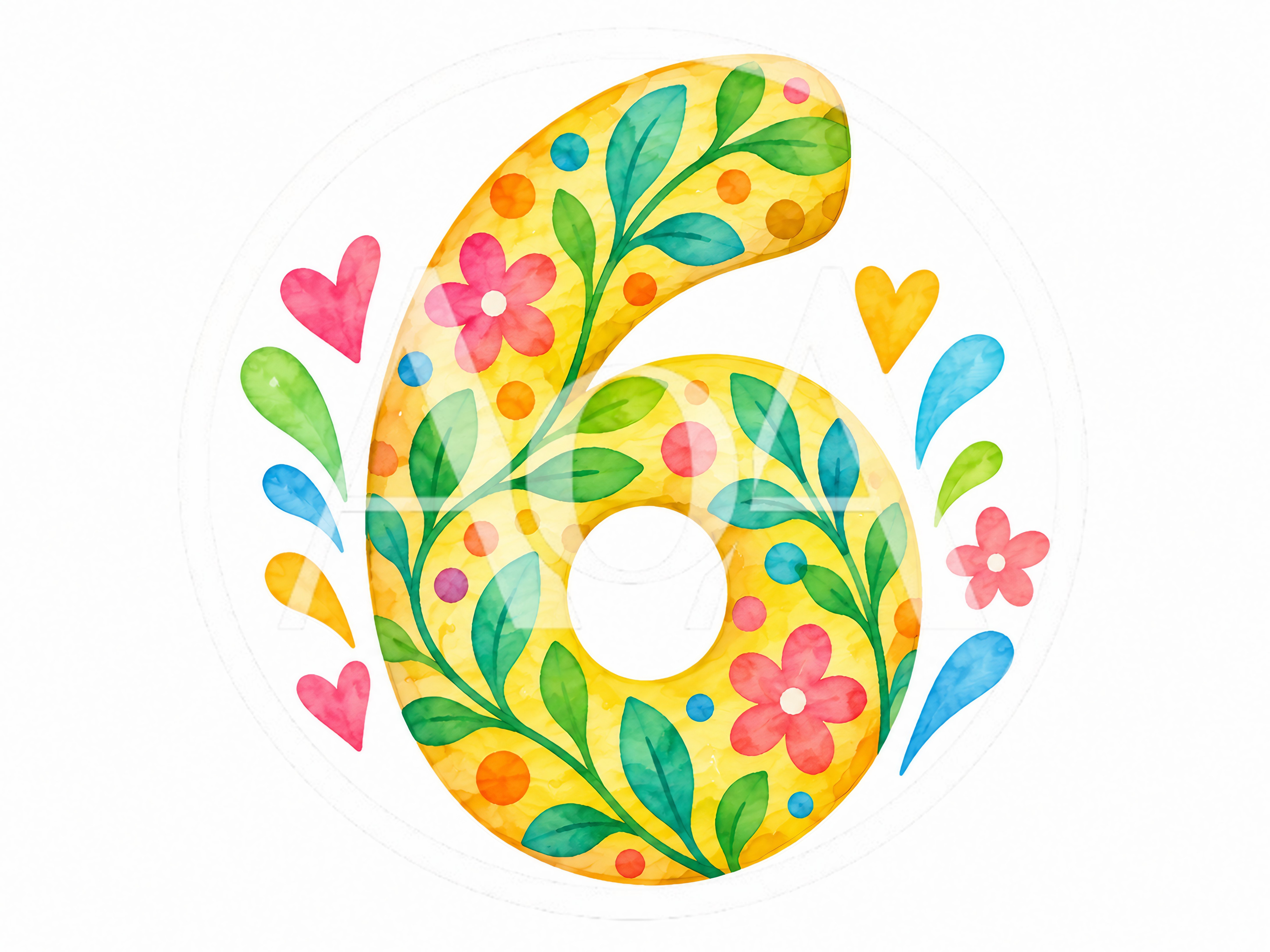 Watercolor Illustration of Number Six with Floral Decorations