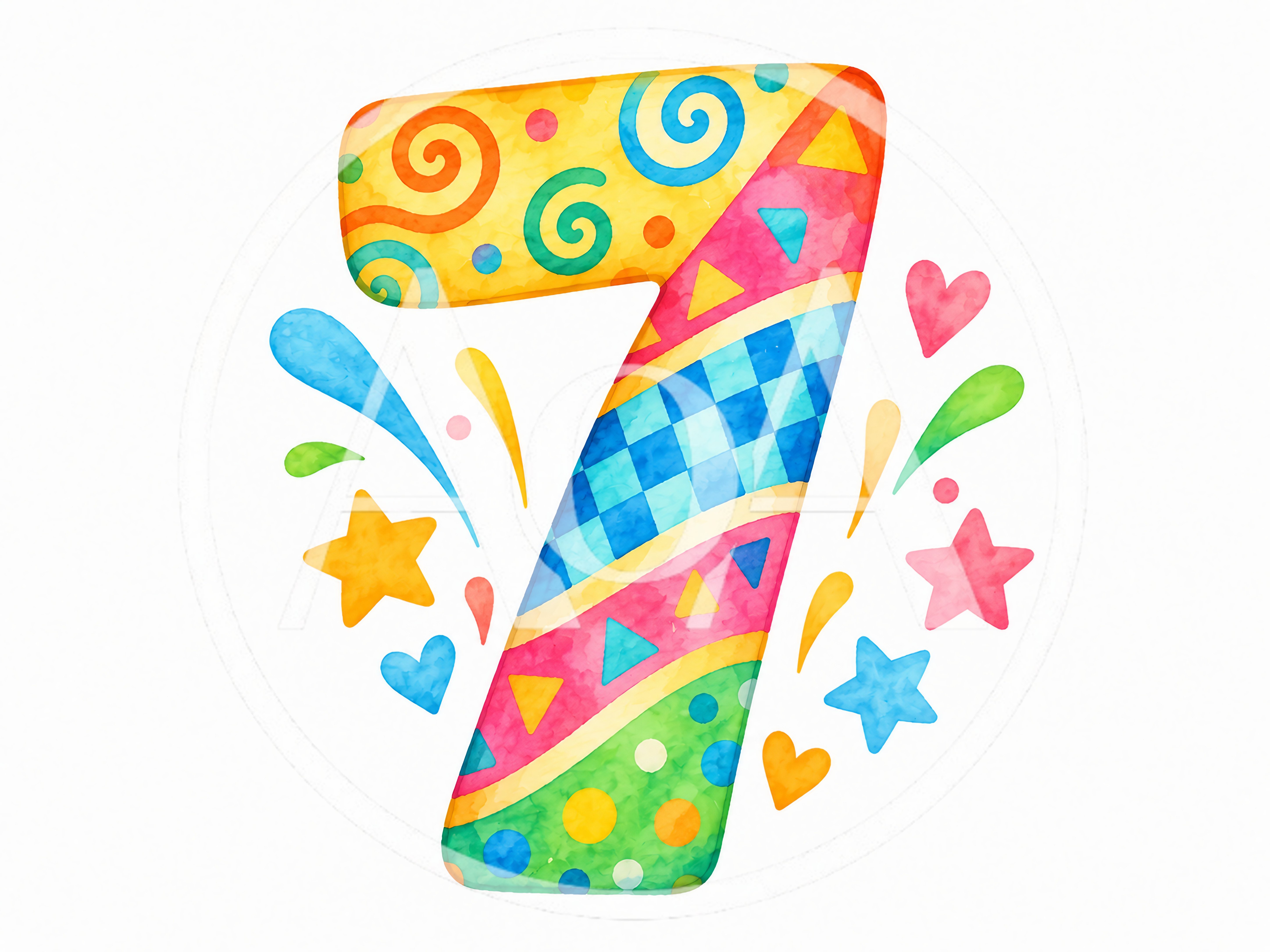 Colorful Watercolor Number Seven Illustration
