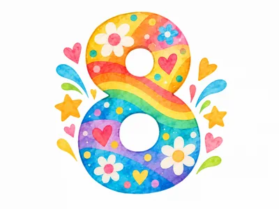 Colorful Watercolor Number Eight With Floral And Heart Decorations