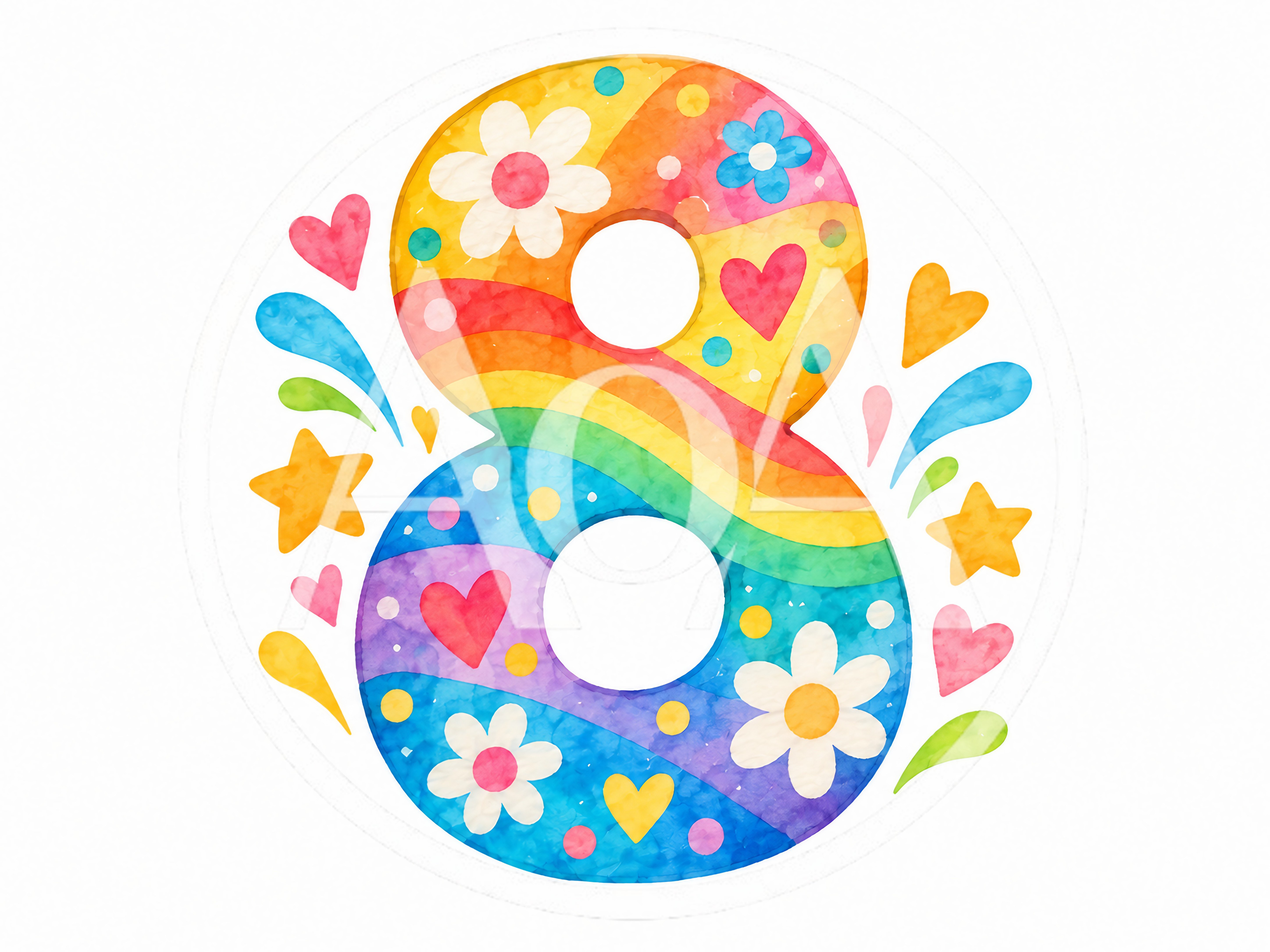 Colorful Watercolor Number Eight With Floral And Heart Decorations