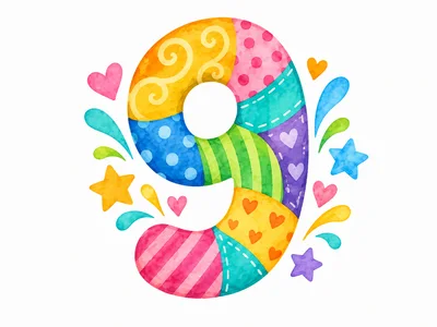 Colorful Watercolor Number Nine Illustration