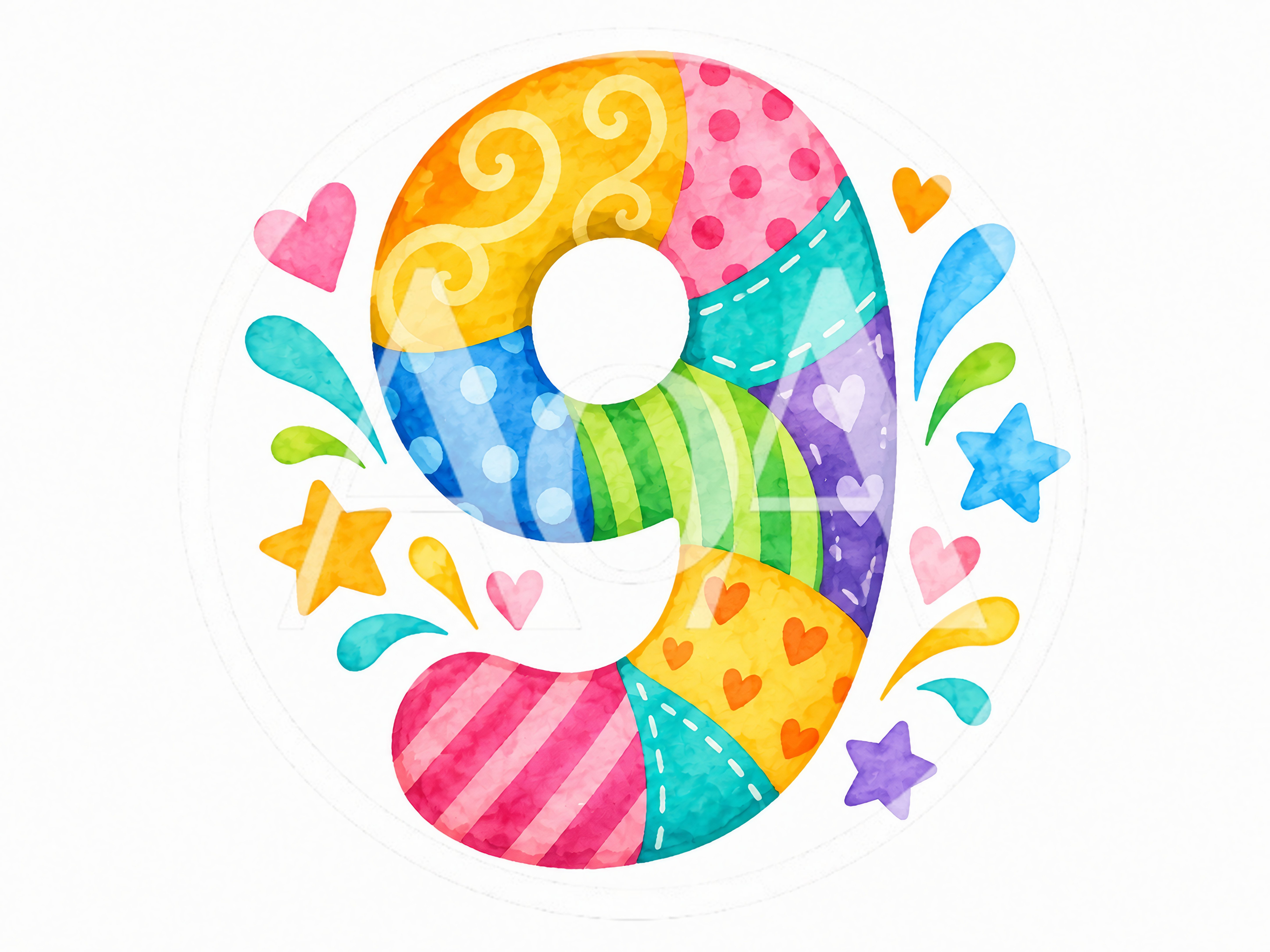 Colorful Watercolor Number Nine Illustration