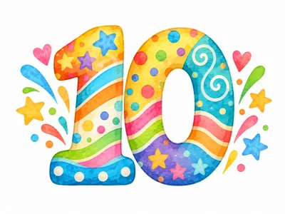 Colorful Watercolor Number Ten Birthday Illustration
