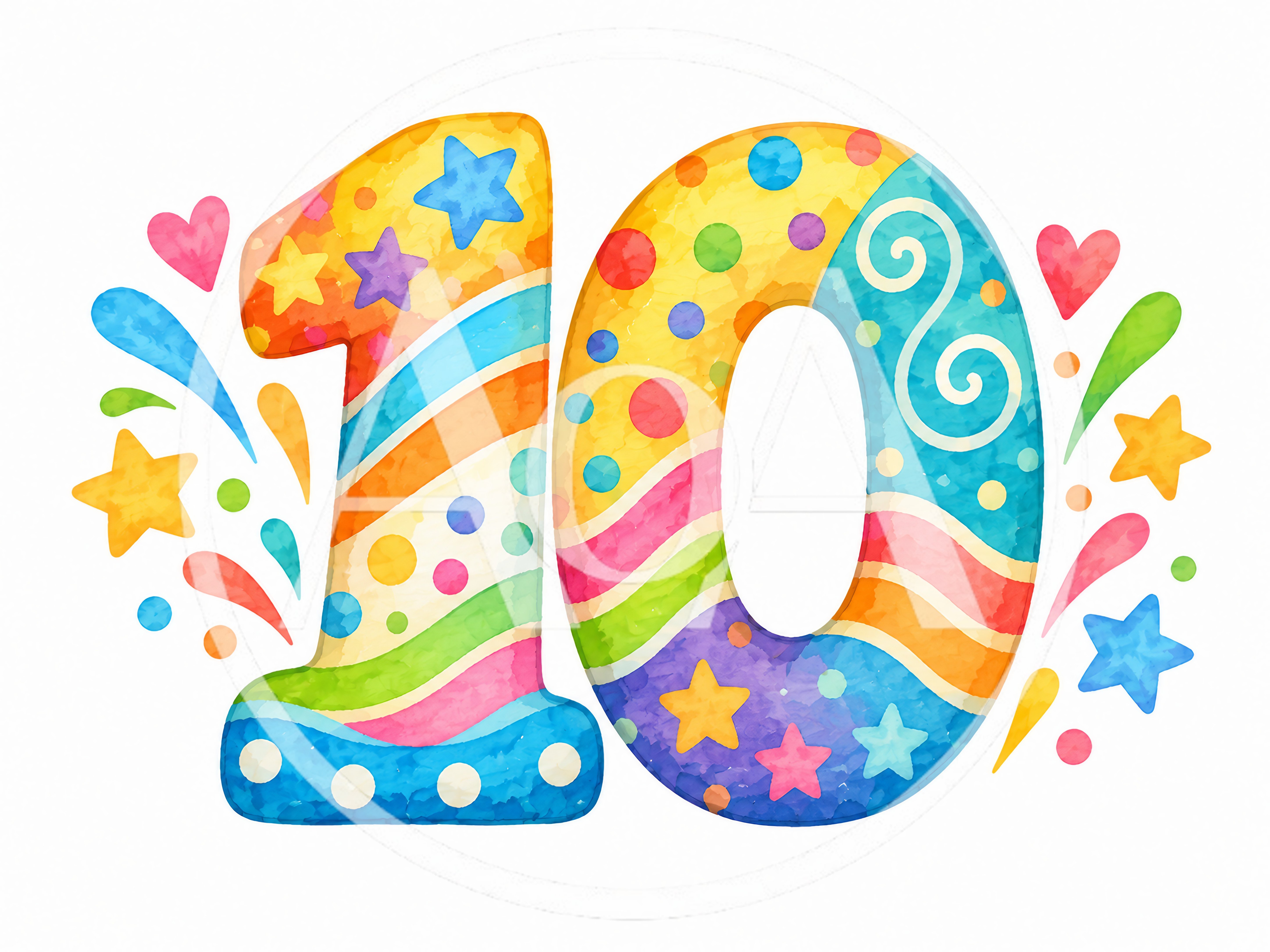 Colorful Watercolor Number Ten Birthday Illustration