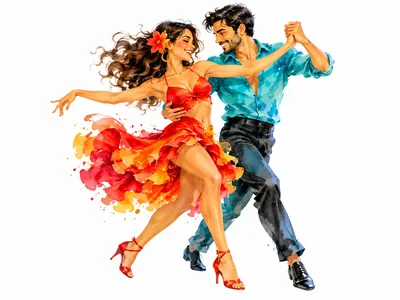 Watercolor Illustration of a Couple Dancing Salsa