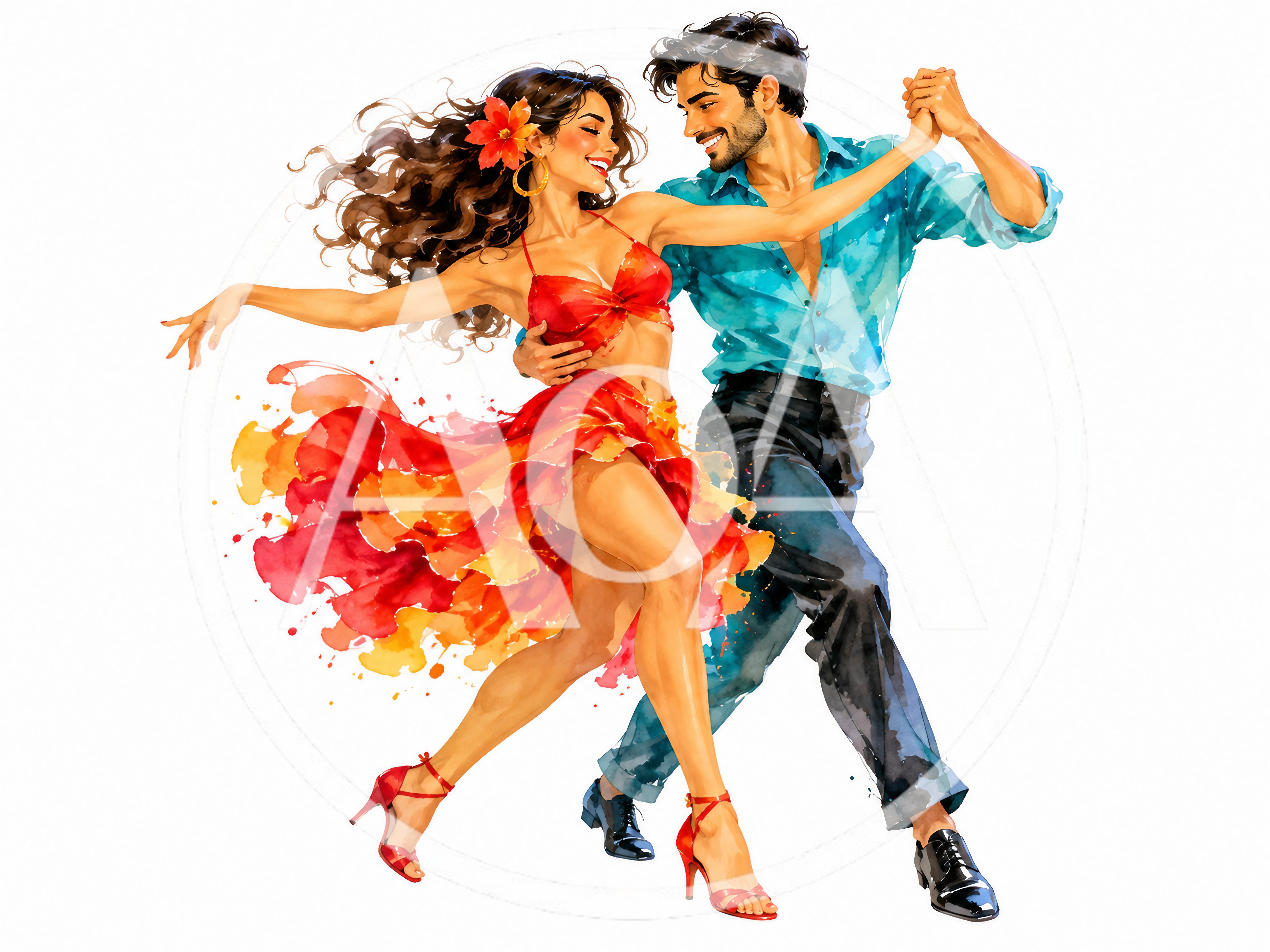Watercolor Illustration of a Couple Dancing Salsa