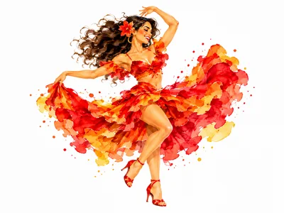 Watercolor Illustration Of A Flamenco Dancer In Red Dress
