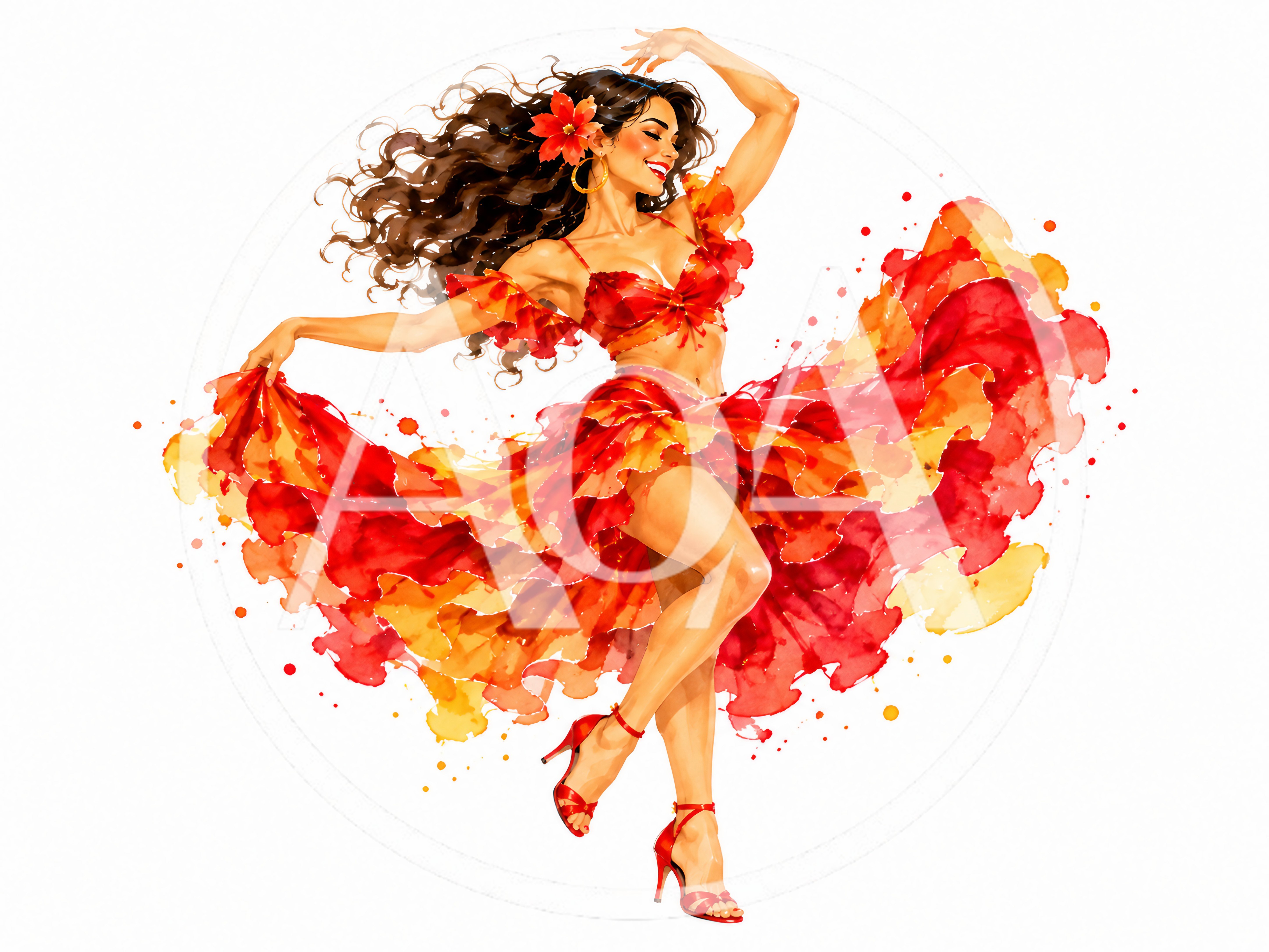 Watercolor Illustration Of A Flamenco Dancer In Red Dress