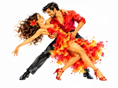 Passionate Couple Dancing Tango In Vibrant Watercolor Style