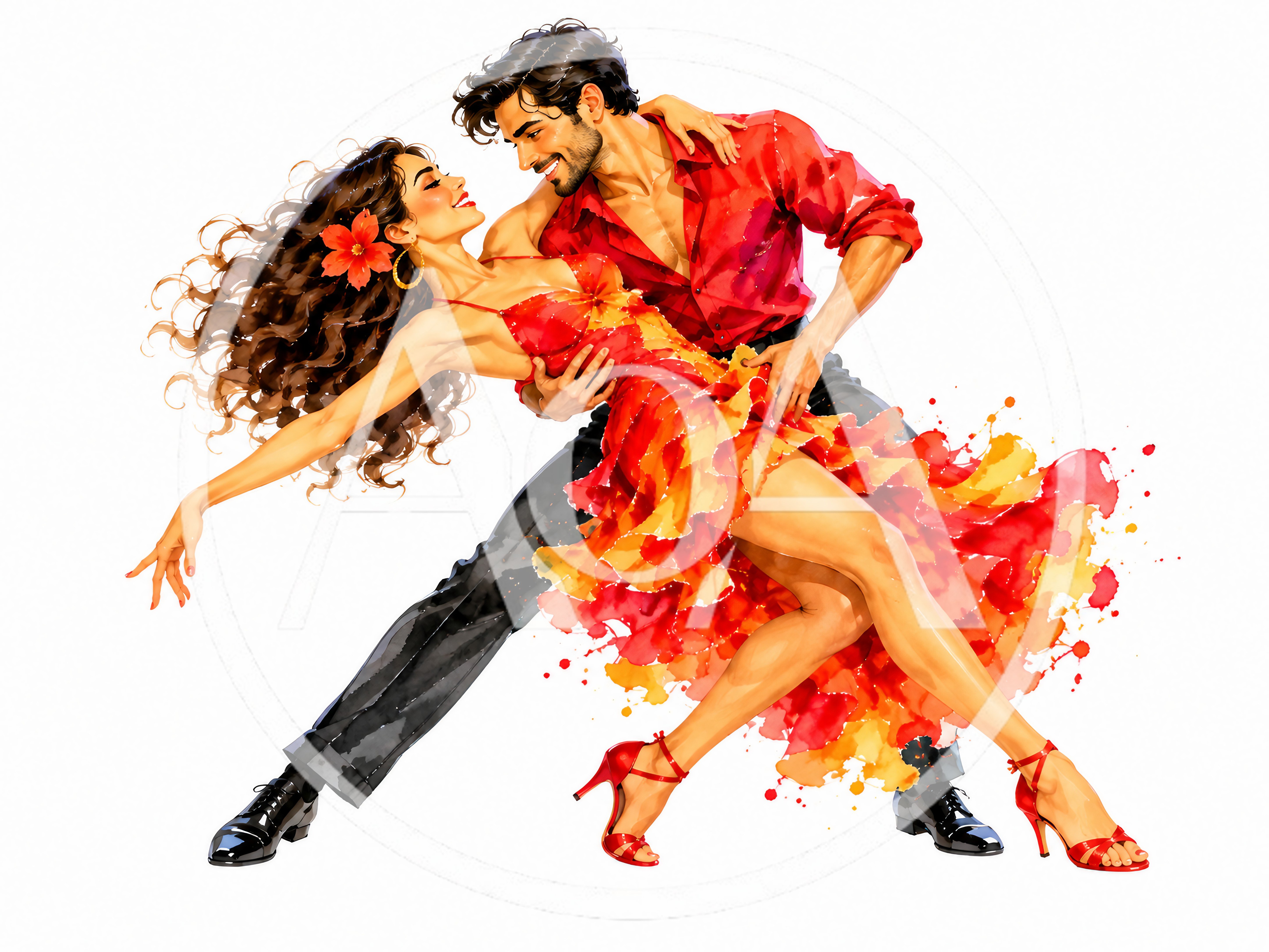Passionate Couple Dancing Tango In Vibrant Watercolor Style