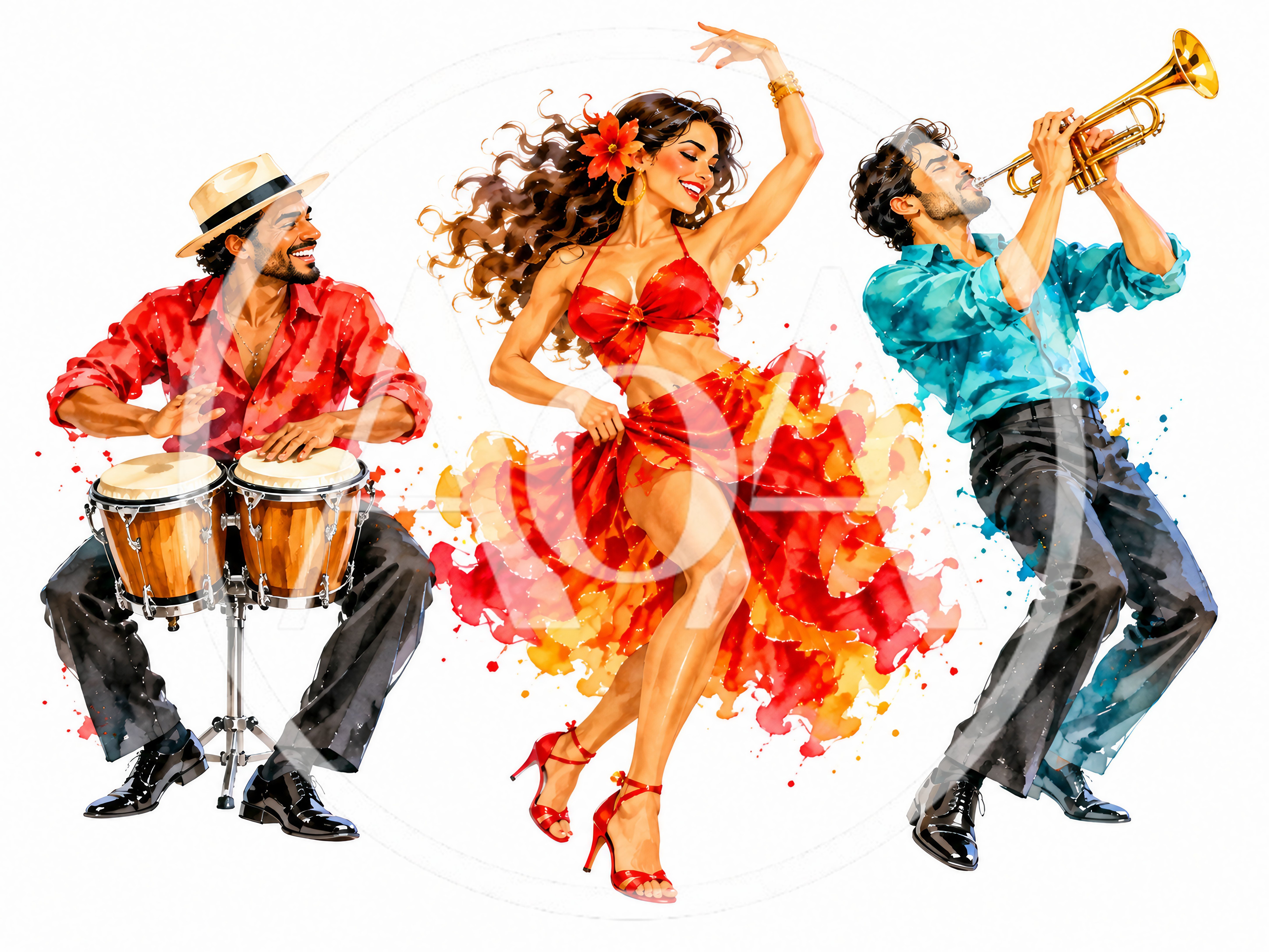 Latin Musicians and Dancer Performing Salsa