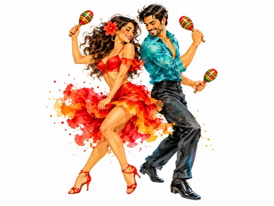 Couple Dancing Salsa With Maracas In Watercolor Style