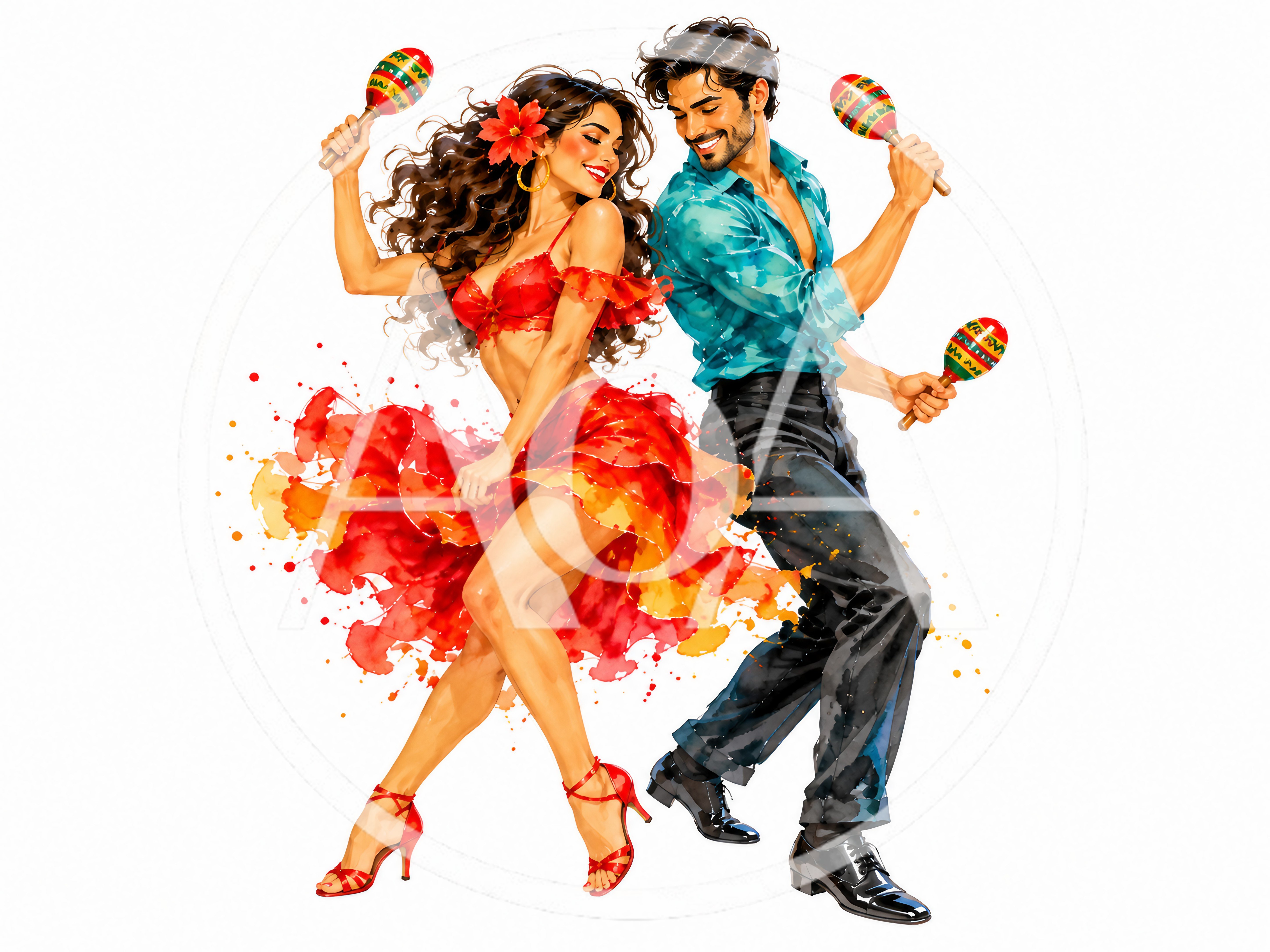 Couple Dancing Salsa With Maracas In Watercolor Style