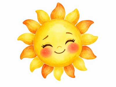 Cute Watercolor Sun Illustration With Smiling Face