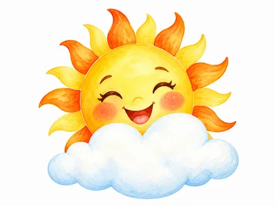 Watercolor Illustration Of A Happy Smiling Sun With Cloud