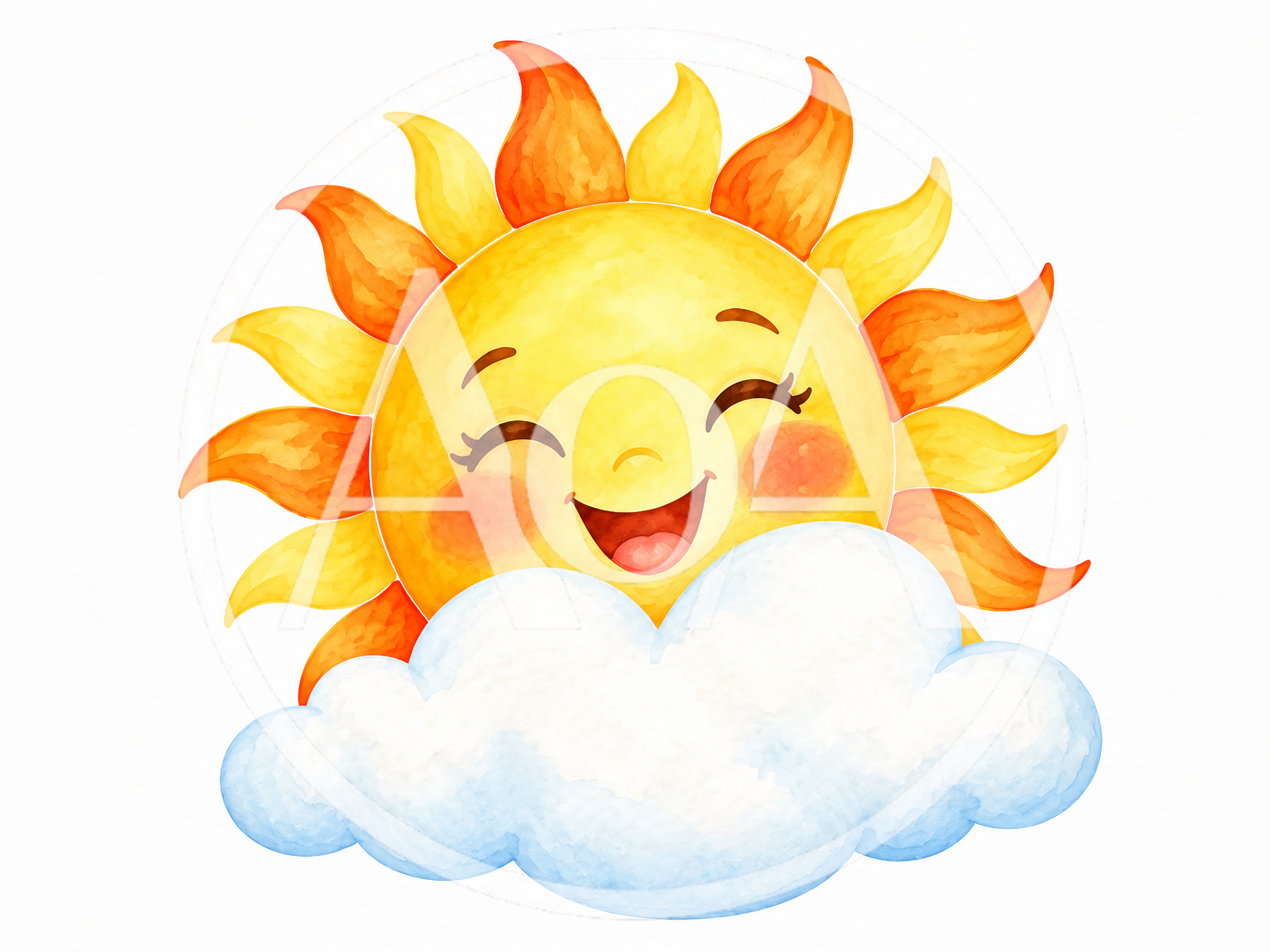 Watercolor Illustration Of A Happy Smiling Sun With Cloud