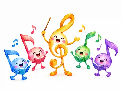 Watercolor Illustration of Singing Musical Notes
