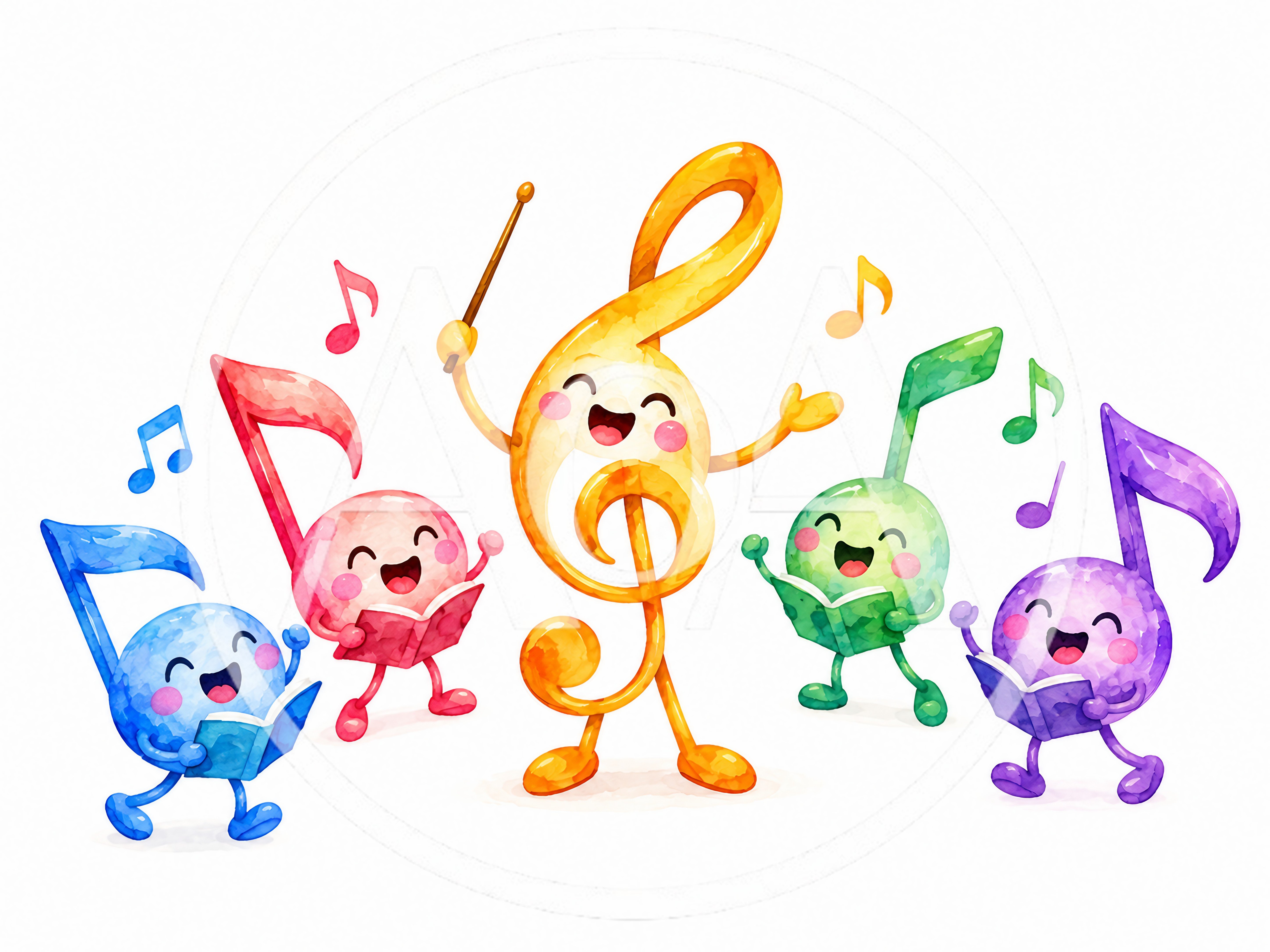 Watercolor Illustration of Singing Musical Notes