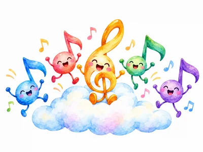Cute Watercolor Musical Notes Dancing on a Cloud