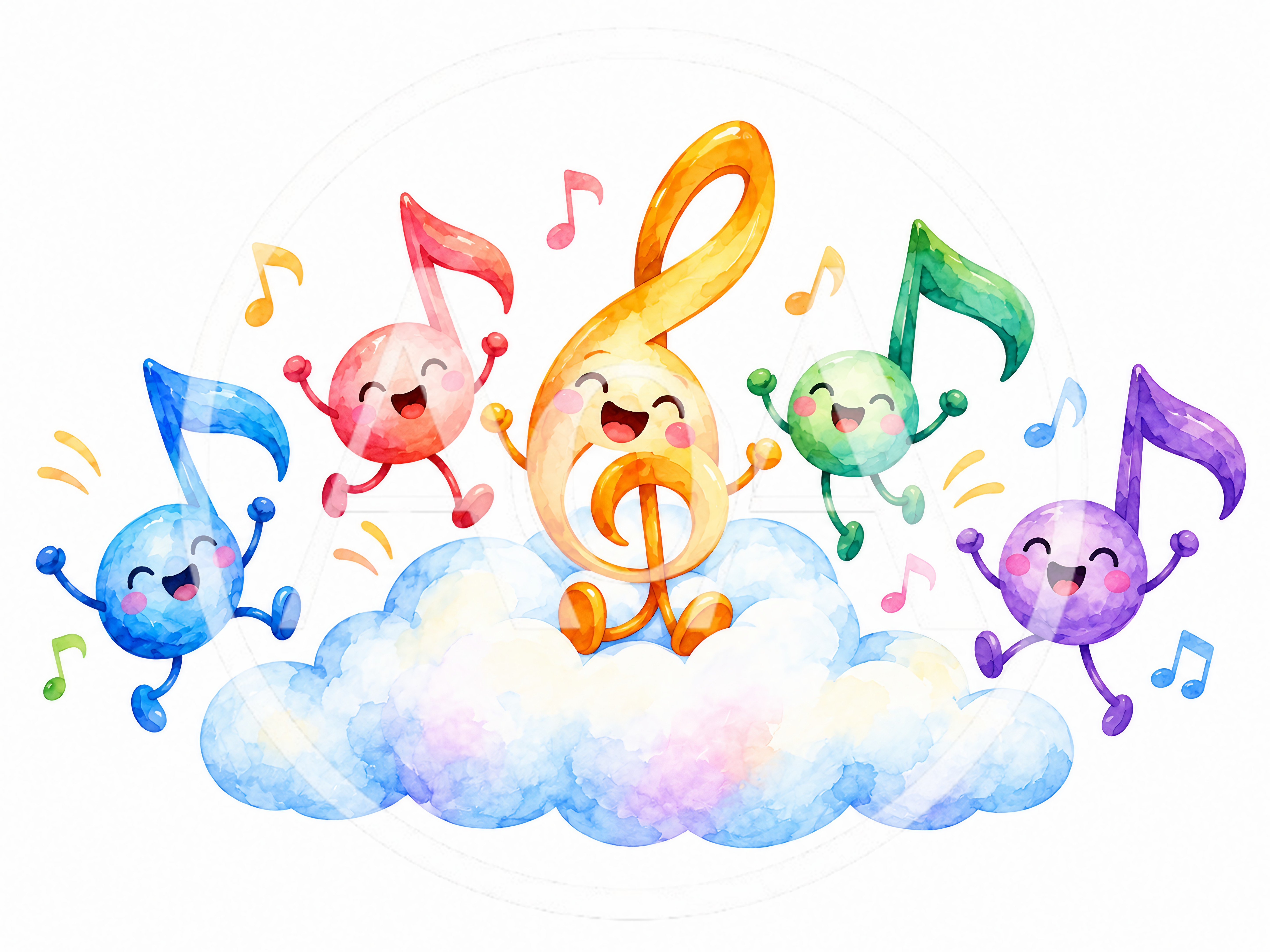 Cute Watercolor Musical Notes Dancing on a Cloud
