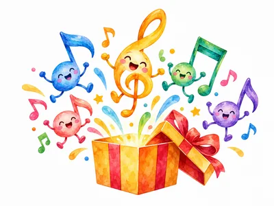 Cute Watercolor Musical Notes Jumping Out Of Gift Box
